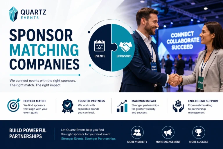 Quartz Events Sponsor Matching Companies: How Businesses Find the Right Event Sponsorship Partners 1 Professional illustration showing Quartz Events sponsor matching services, connecting businesses and brands with event sponsorship opportunities through strategic partnerships.