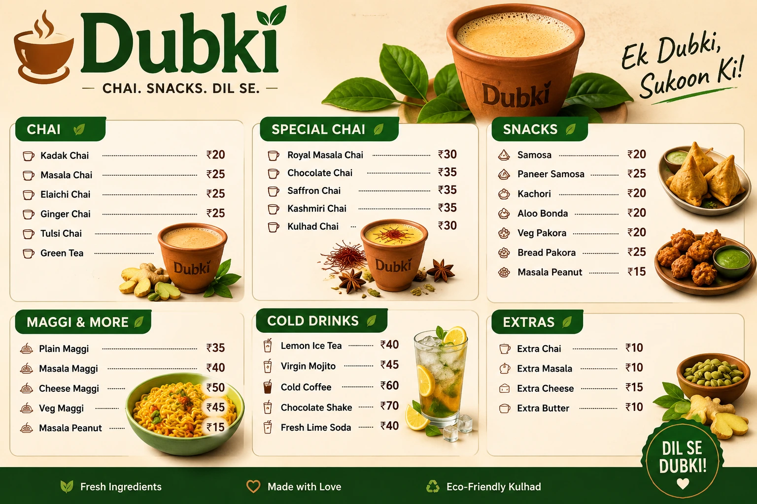 Dubki Menu: Complete Guide to Prices, Popular Items, and Best Food Choices 1 A modern Dubki café menu board featuring a variety of chai, special teas, snacks, Maggi, cold drinks, and add-ons with prices, colorful food images, and an eco-friendly kulhad tea theme.