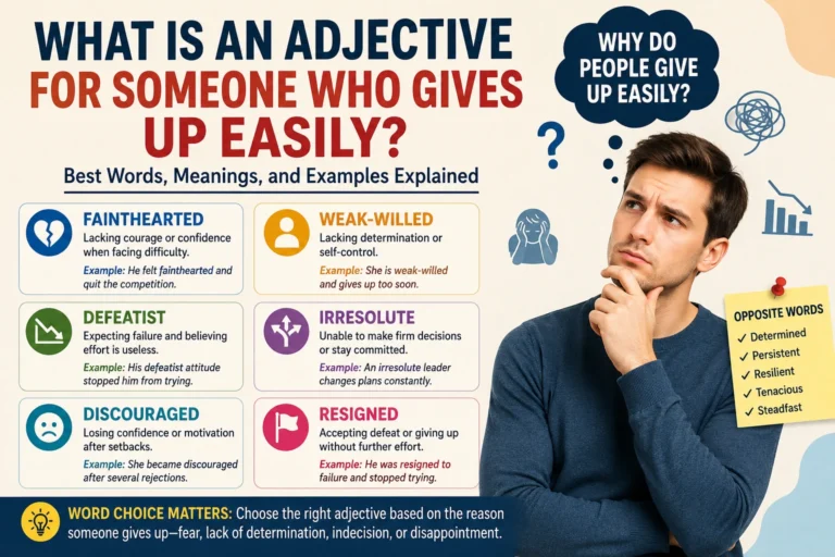 What Is an Adjective for Someone Who Gives Up Easily? 1 Adjectives for someone who gives up easily, including fainthearted, weak-willed, defeatist, and irresolute