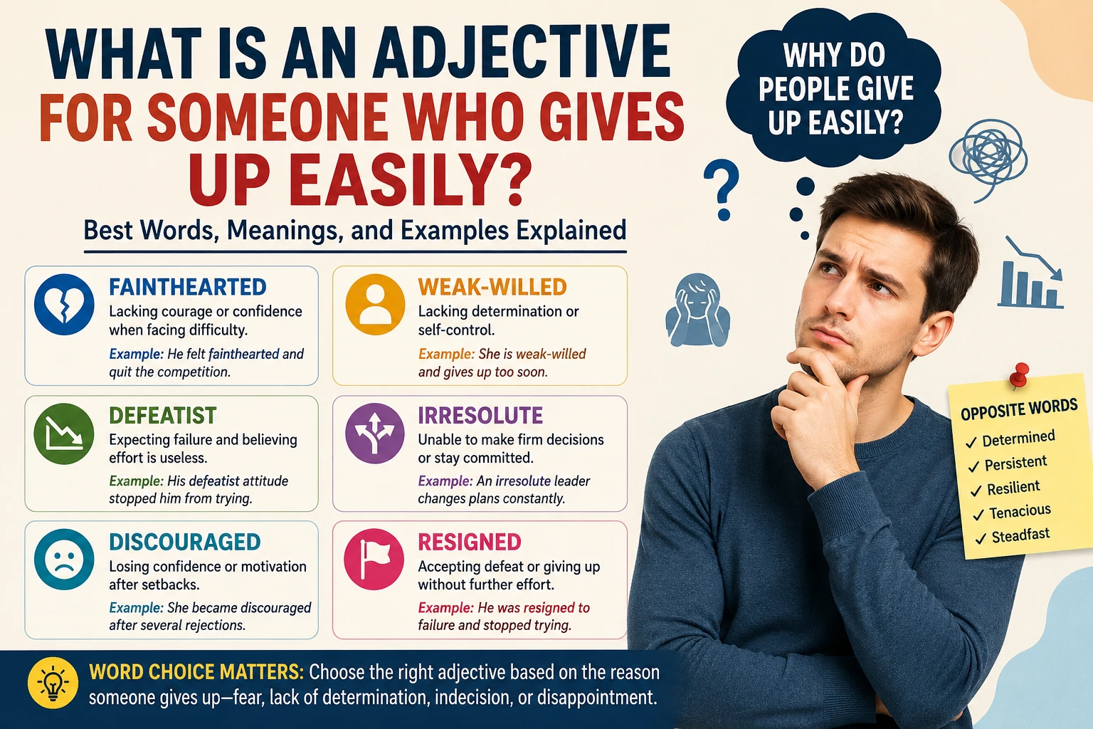 What Is an Adjective for Someone Who Gives Up Easily? 1 Adjectives for someone who gives up easily, including fainthearted, weak-willed, defeatist, and irresolute